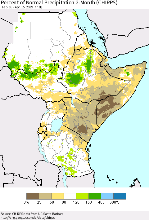 Eastern Africa Percent of Normal Precipitation 2-Month (CHIRPS) Thematic Map For 2/16/2019 - 4/15/2019