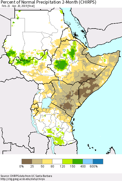 Eastern Africa Percent of Normal Precipitation 2-Month (CHIRPS) Thematic Map For 2/21/2019 - 4/20/2019