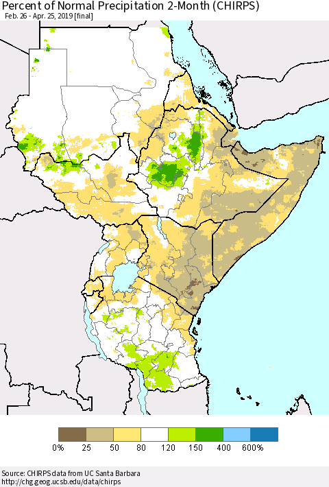 Eastern Africa Percent of Normal Precipitation 2-Month (CHIRPS) Thematic Map For 2/26/2019 - 4/25/2019