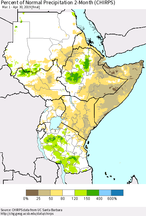 Eastern Africa Percent of Normal Precipitation 2-Month (CHIRPS) Thematic Map For 3/1/2019 - 4/30/2019
