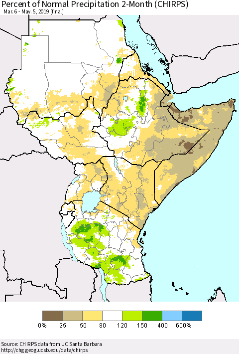 Eastern Africa Percent of Normal Precipitation 2-Month (CHIRPS) Thematic Map For 3/6/2019 - 5/5/2019