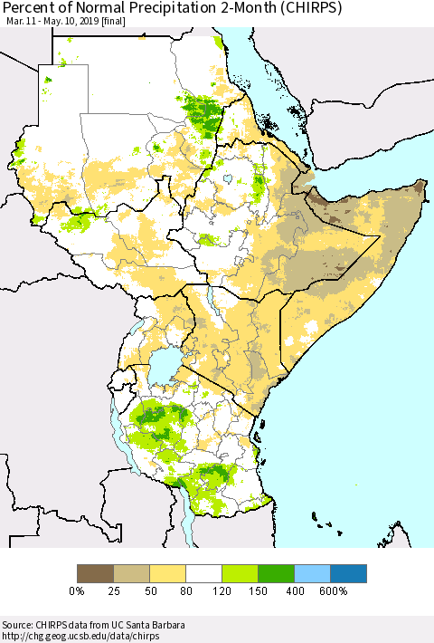 Eastern Africa Percent of Normal Precipitation 2-Month (CHIRPS) Thematic Map For 3/11/2019 - 5/10/2019