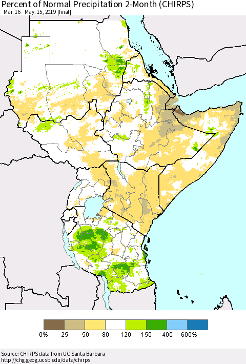 Eastern Africa Percent of Normal Precipitation 2-Month (CHIRPS) Thematic Map For 3/16/2019 - 5/15/2019
