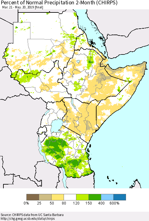 Eastern Africa Percent of Normal Precipitation 2-Month (CHIRPS) Thematic Map For 3/21/2019 - 5/20/2019
