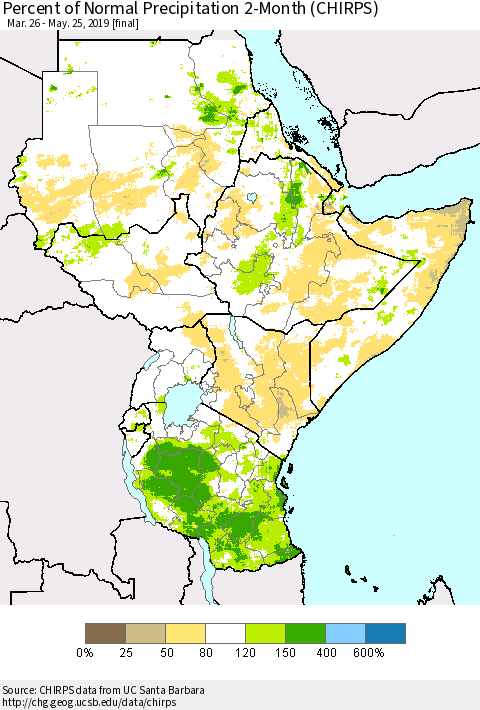 Eastern Africa Percent of Normal Precipitation 2-Month (CHIRPS) Thematic Map For 3/26/2019 - 5/25/2019