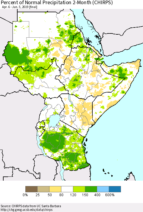 Eastern Africa Percent of Normal Precipitation 2-Month (CHIRPS) Thematic Map For 4/6/2019 - 6/5/2019