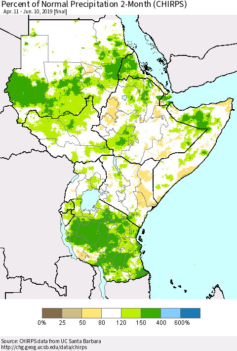 Eastern Africa Percent of Normal Precipitation 2-Month (CHIRPS) Thematic Map For 4/11/2019 - 6/10/2019