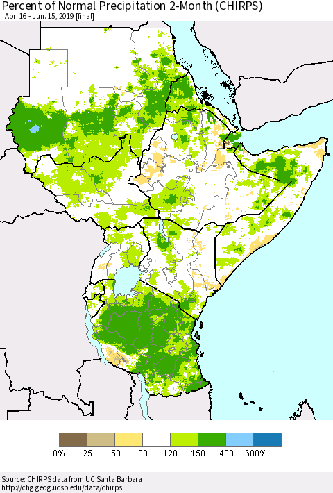 Eastern Africa Percent of Normal Precipitation 2-Month (CHIRPS) Thematic Map For 4/16/2019 - 6/15/2019