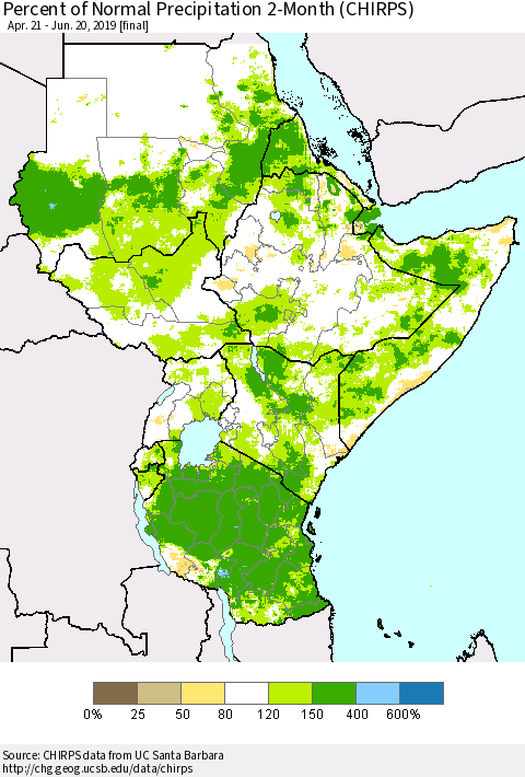 Eastern Africa Percent of Normal Precipitation 2-Month (CHIRPS) Thematic Map For 4/21/2019 - 6/20/2019