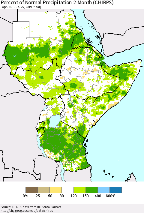 Eastern Africa Percent of Normal Precipitation 2-Month (CHIRPS) Thematic Map For 4/26/2019 - 6/25/2019