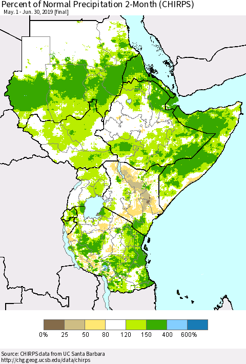 Eastern Africa Percent of Normal Precipitation 2-Month (CHIRPS) Thematic Map For 5/1/2019 - 6/30/2019