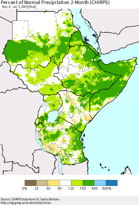 Eastern Africa Percent of Normal Precipitation 2-Month (CHIRPS) Thematic Map For 5/6/2019 - 7/5/2019