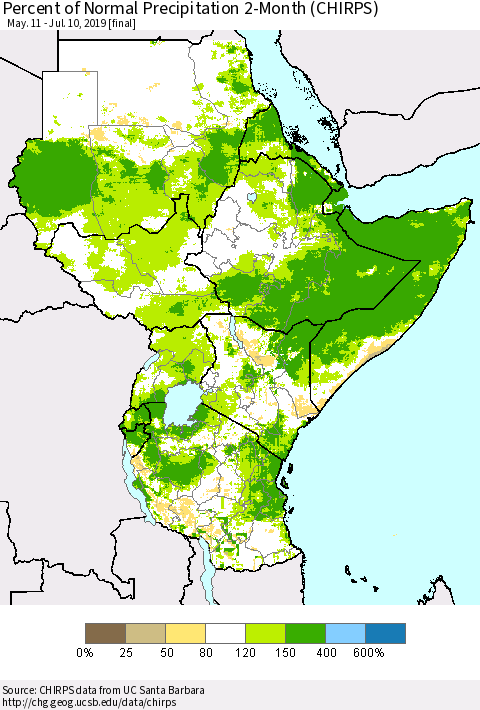 Eastern Africa Percent of Normal Precipitation 2-Month (CHIRPS) Thematic Map For 5/11/2019 - 7/10/2019