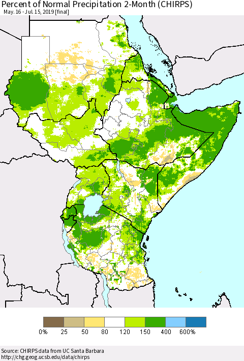 Eastern Africa Percent of Normal Precipitation 2-Month (CHIRPS) Thematic Map For 5/16/2019 - 7/15/2019