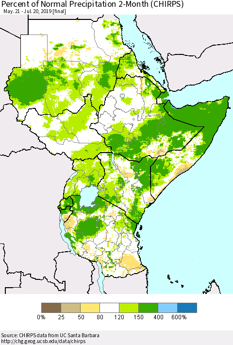 Eastern Africa Percent of Normal Precipitation 2-Month (CHIRPS) Thematic Map For 5/21/2019 - 7/20/2019