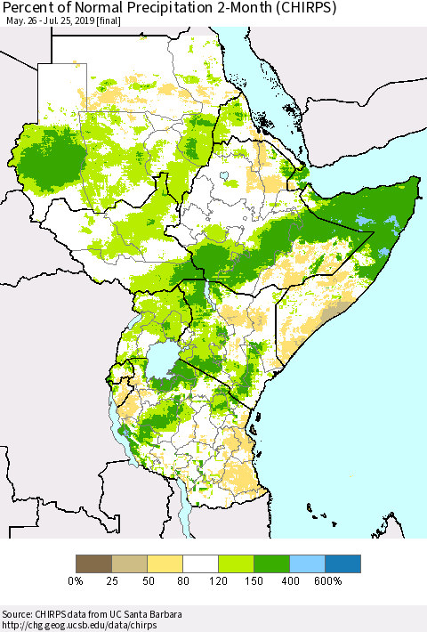 Eastern Africa Percent of Normal Precipitation 2-Month (CHIRPS) Thematic Map For 5/26/2019 - 7/25/2019