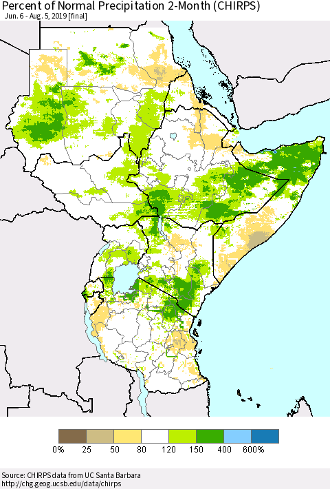 Eastern Africa Percent of Normal Precipitation 2-Month (CHIRPS) Thematic Map For 6/6/2019 - 8/5/2019