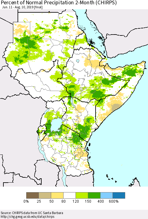 Eastern Africa Percent of Normal Precipitation 2-Month (CHIRPS) Thematic Map For 6/11/2019 - 8/10/2019