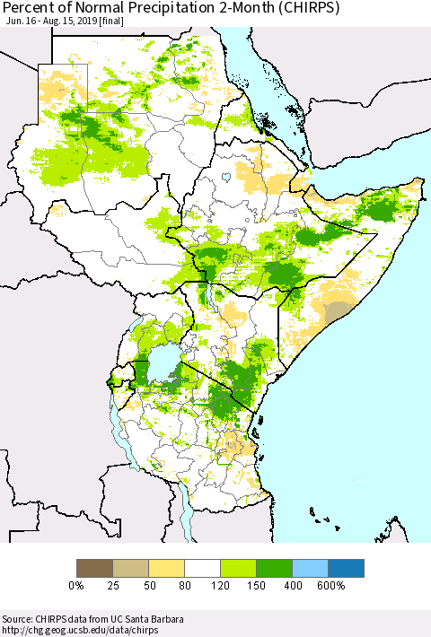 Eastern Africa Percent of Normal Precipitation 2-Month (CHIRPS) Thematic Map For 6/16/2019 - 8/15/2019