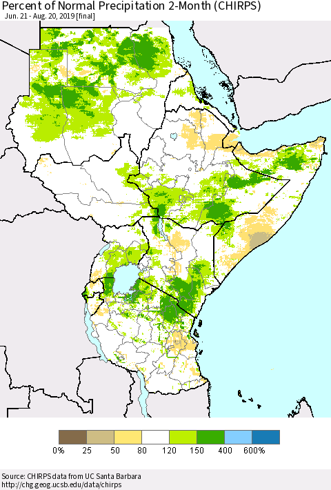Eastern Africa Percent of Normal Precipitation 2-Month (CHIRPS) Thematic Map For 6/21/2019 - 8/20/2019