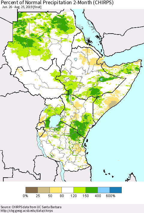 Eastern Africa Percent of Normal Precipitation 2-Month (CHIRPS) Thematic Map For 6/26/2019 - 8/25/2019