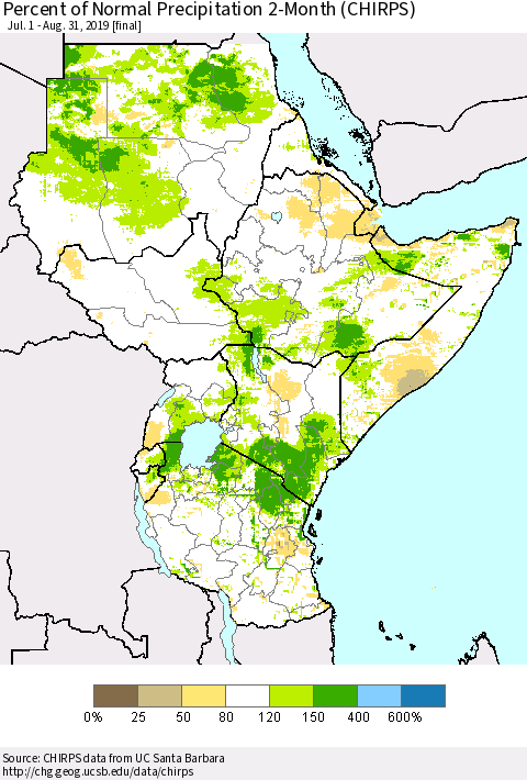 Eastern Africa Percent of Normal Precipitation 2-Month (CHIRPS) Thematic Map For 7/1/2019 - 8/31/2019