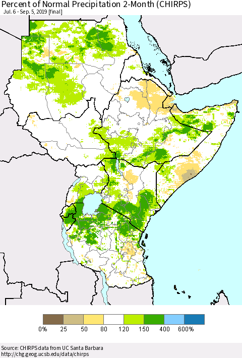 Eastern Africa Percent of Normal Precipitation 2-Month (CHIRPS) Thematic Map For 7/6/2019 - 9/5/2019