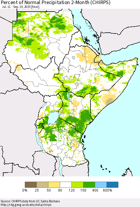 Eastern Africa Percent of Normal Precipitation 2-Month (CHIRPS) Thematic Map For 7/11/2019 - 9/10/2019