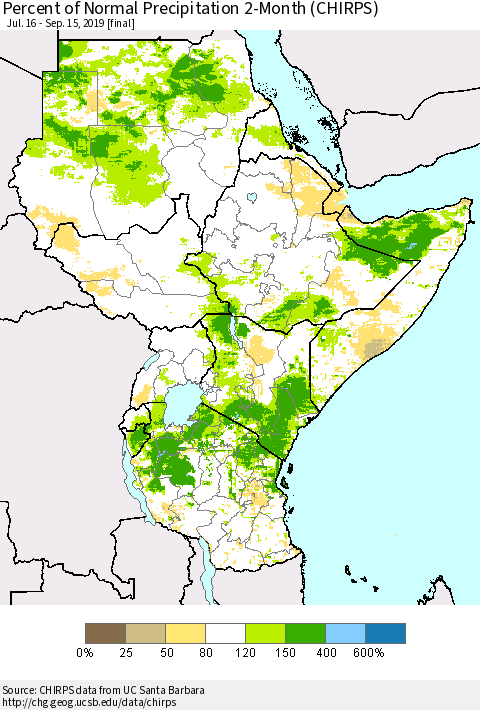 Eastern Africa Percent of Normal Precipitation 2-Month (CHIRPS) Thematic Map For 7/16/2019 - 9/15/2019