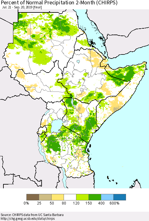 Eastern Africa Percent of Normal Precipitation 2-Month (CHIRPS) Thematic Map For 7/21/2019 - 9/20/2019