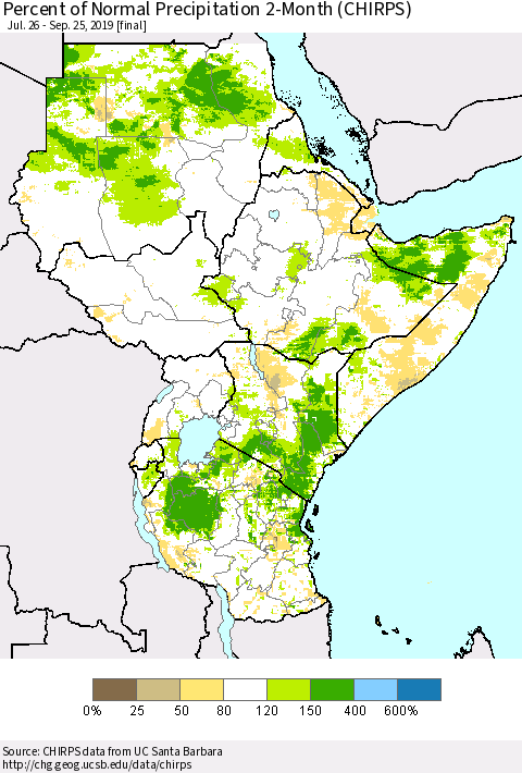 Eastern Africa Percent of Normal Precipitation 2-Month (CHIRPS) Thematic Map For 7/26/2019 - 9/25/2019