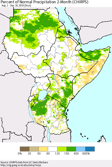 Eastern Africa Percent of Normal Precipitation 2-Month (CHIRPS) Thematic Map For 8/1/2019 - 9/30/2019