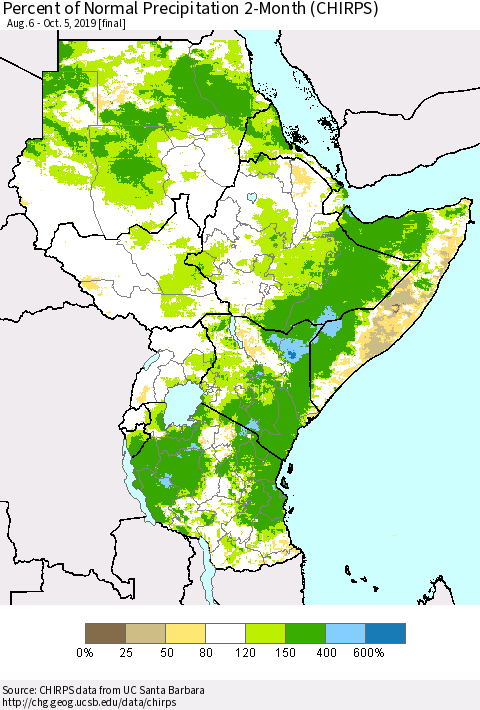 Eastern Africa Percent of Normal Precipitation 2-Month (CHIRPS) Thematic Map For 8/6/2019 - 10/5/2019
