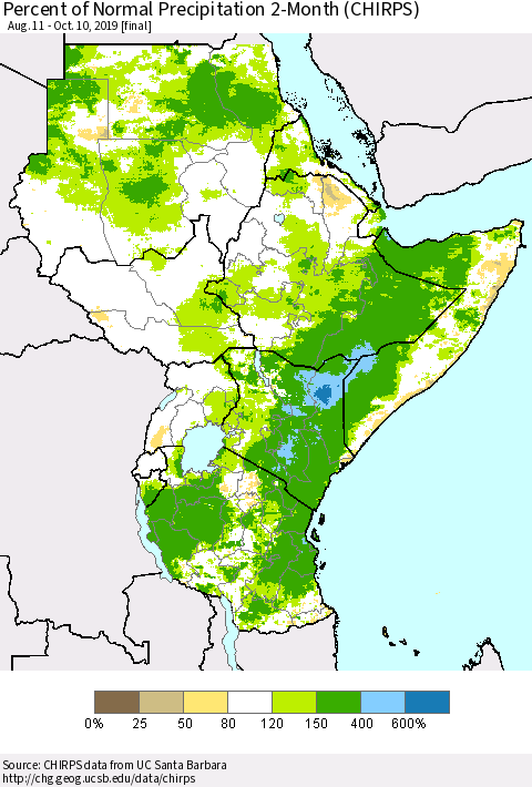 Eastern Africa Percent of Normal Precipitation 2-Month (CHIRPS) Thematic Map For 8/11/2019 - 10/10/2019