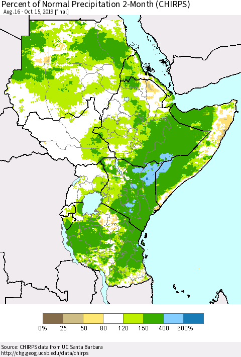 Eastern Africa Percent of Normal Precipitation 2-Month (CHIRPS) Thematic Map For 8/16/2019 - 10/15/2019