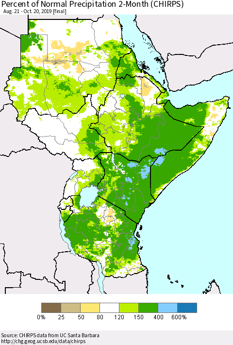 Eastern Africa Percent of Normal Precipitation 2-Month (CHIRPS) Thematic Map For 8/21/2019 - 10/20/2019