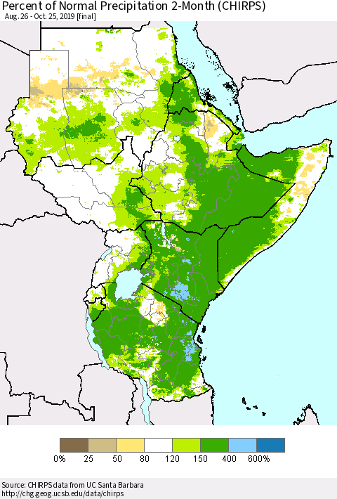Eastern Africa Percent of Normal Precipitation 2-Month (CHIRPS) Thematic Map For 8/26/2019 - 10/25/2019