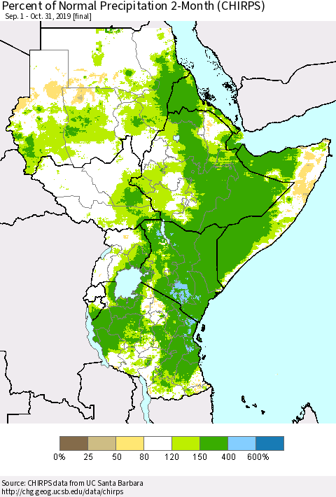 Eastern Africa Percent of Normal Precipitation 2-Month (CHIRPS) Thematic Map For 9/1/2019 - 10/31/2019