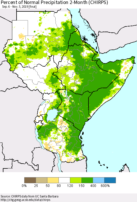 Eastern Africa Percent of Normal Precipitation 2-Month (CHIRPS) Thematic Map For 9/6/2019 - 11/5/2019