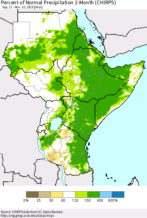 Eastern Africa Percent of Normal Precipitation 2-Month (CHIRPS) Thematic Map For 9/11/2019 - 11/10/2019
