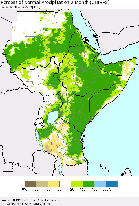 Eastern Africa Percent of Normal Precipitation 2-Month (CHIRPS) Thematic Map For 9/16/2019 - 11/15/2019