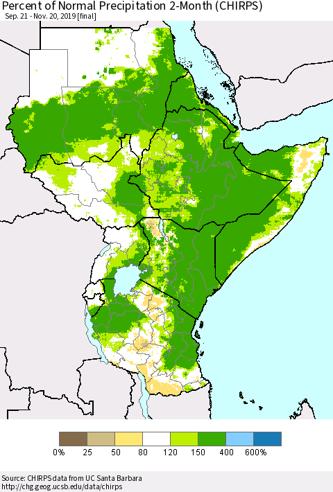 Eastern Africa Percent of Normal Precipitation 2-Month (CHIRPS) Thematic Map For 9/21/2019 - 11/20/2019