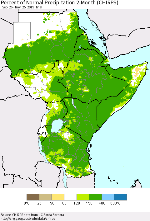 Eastern Africa Percent of Normal Precipitation 2-Month (CHIRPS) Thematic Map For 9/26/2019 - 11/25/2019