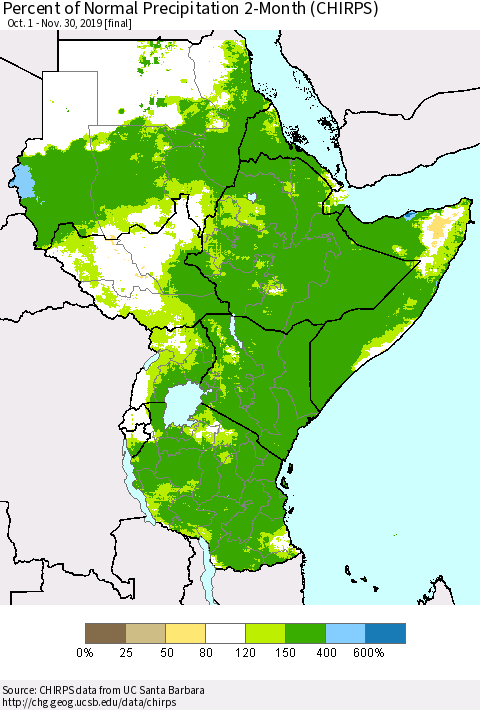 Eastern Africa Percent of Normal Precipitation 2-Month (CHIRPS) Thematic Map For 10/1/2019 - 11/30/2019