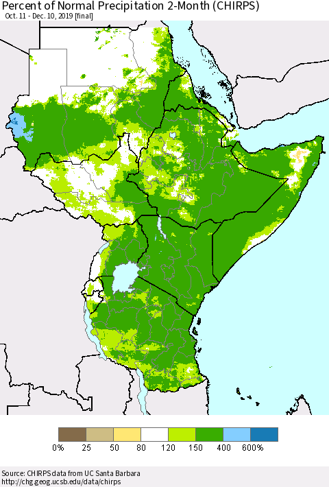Eastern Africa Percent of Normal Precipitation 2-Month (CHIRPS) Thematic Map For 10/11/2019 - 12/10/2019