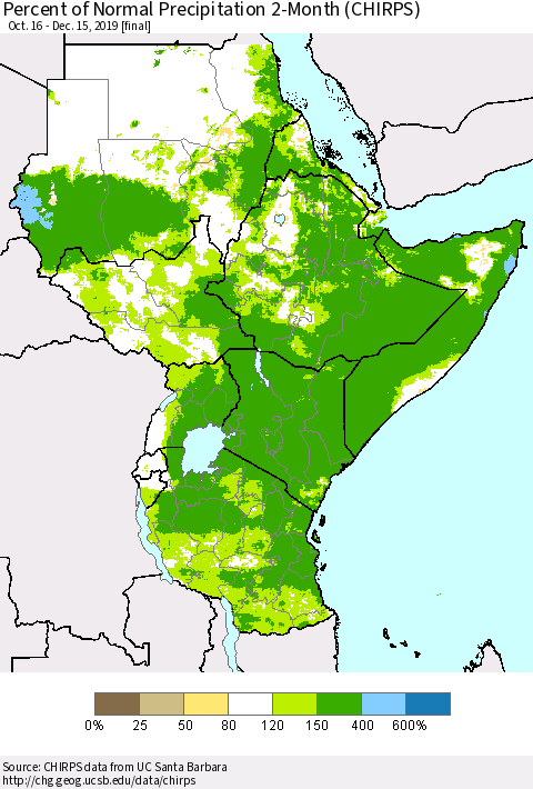 Eastern Africa Percent of Normal Precipitation 2-Month (CHIRPS) Thematic Map For 10/16/2019 - 12/15/2019