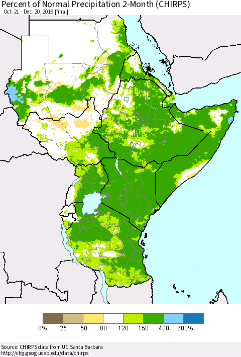 Eastern Africa Percent of Normal Precipitation 2-Month (CHIRPS) Thematic Map For 10/21/2019 - 12/20/2019