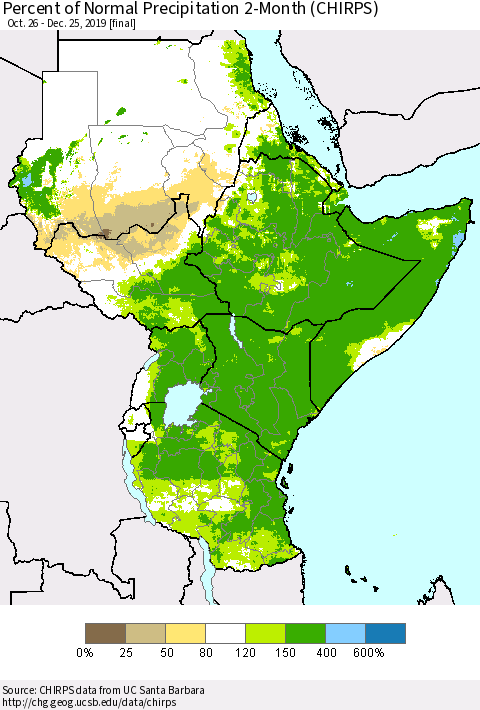 Eastern Africa Percent of Normal Precipitation 2-Month (CHIRPS) Thematic Map For 10/26/2019 - 12/25/2019