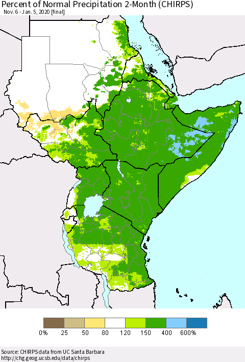 Eastern Africa Percent of Normal Precipitation 2-Month (CHIRPS) Thematic Map For 11/6/2019 - 1/5/2020