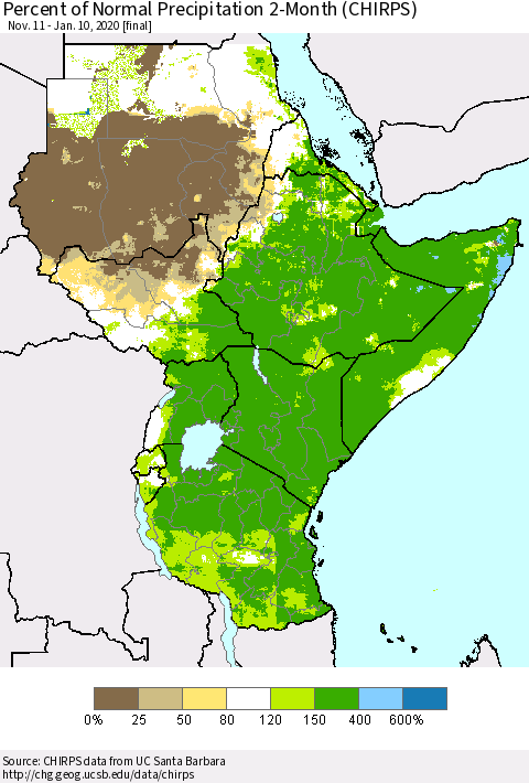 Eastern Africa Percent of Normal Precipitation 2-Month (CHIRPS) Thematic Map For 11/11/2019 - 1/10/2020